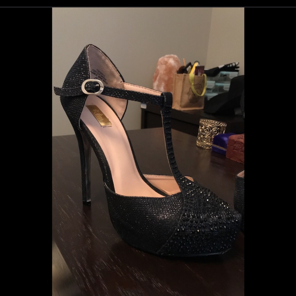 Black Rhinestoned Platform Pumps